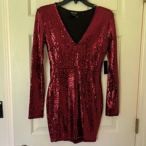 Mind Code Red Sequins Long Sleeve Dress Small NEW
